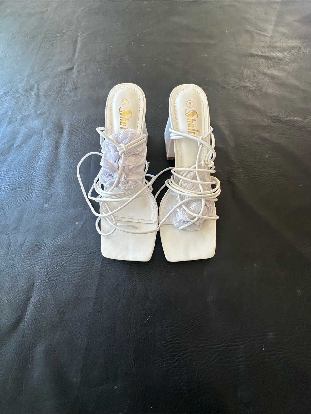 Shelli White Lace-Up Square Toe Block Heel Sandals